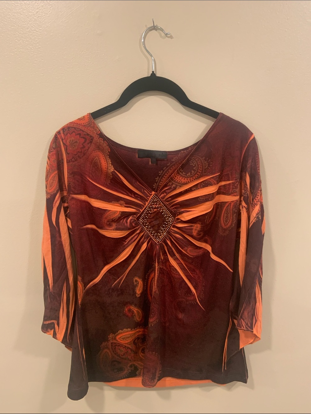 B.L.E.U. Orange and Burgundy Beaded Scoop Neck Long Sleeve Top
